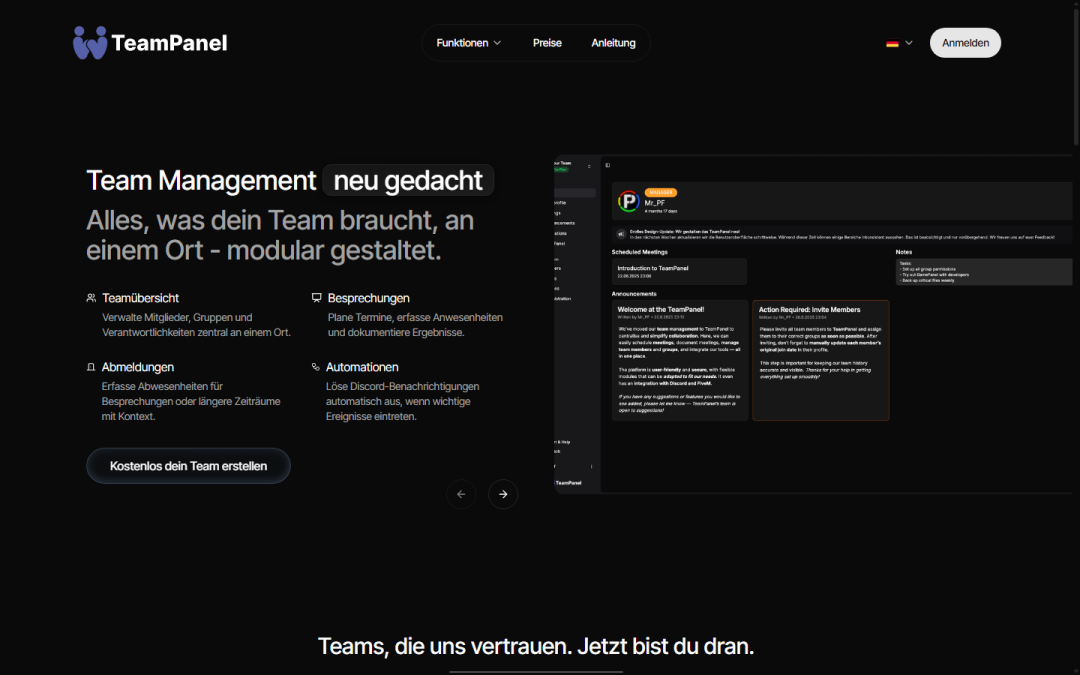 TeamPanel: Team-Software für Besprechungen, Abmeldungen und Automationen